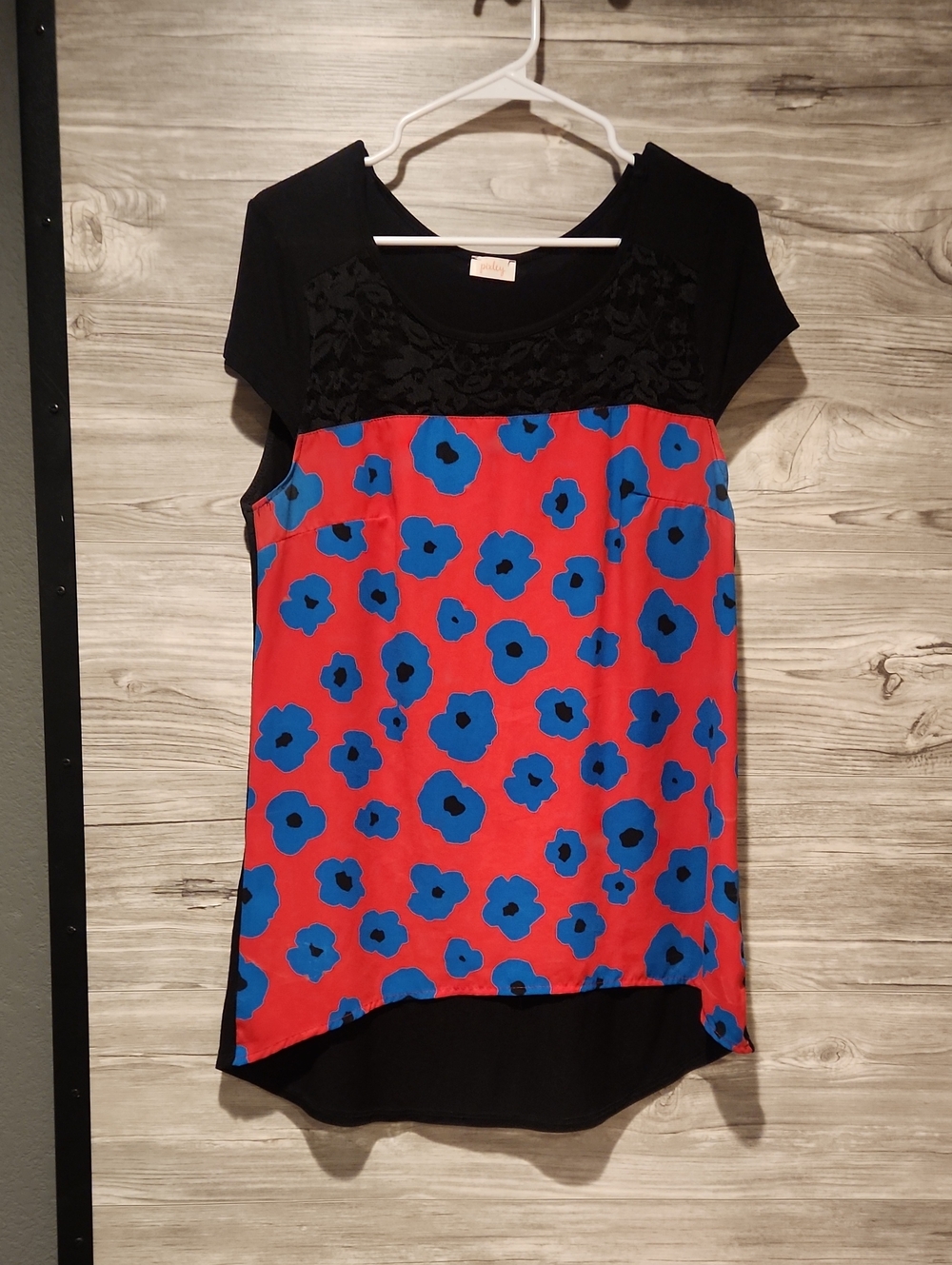 Pixley Black & Red Short Sleeve Tunic with Blue Floral Print